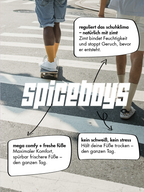 Spice Boys Grafik mit Sneakern, Skateboard und Hinweisen zum Schuhklima